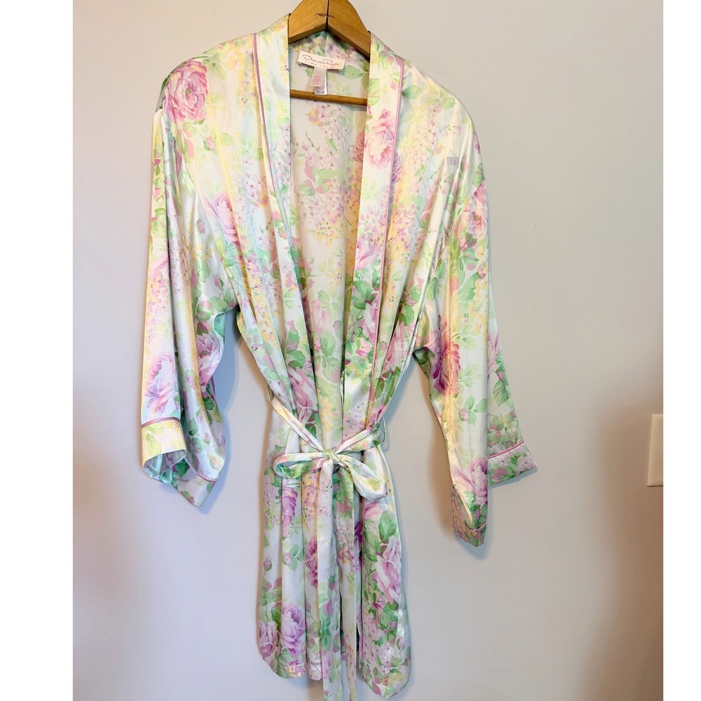 Oscar de la Renta Robe Womens L/XL Pink Floral Excellent Satin Wrap Sleepwear